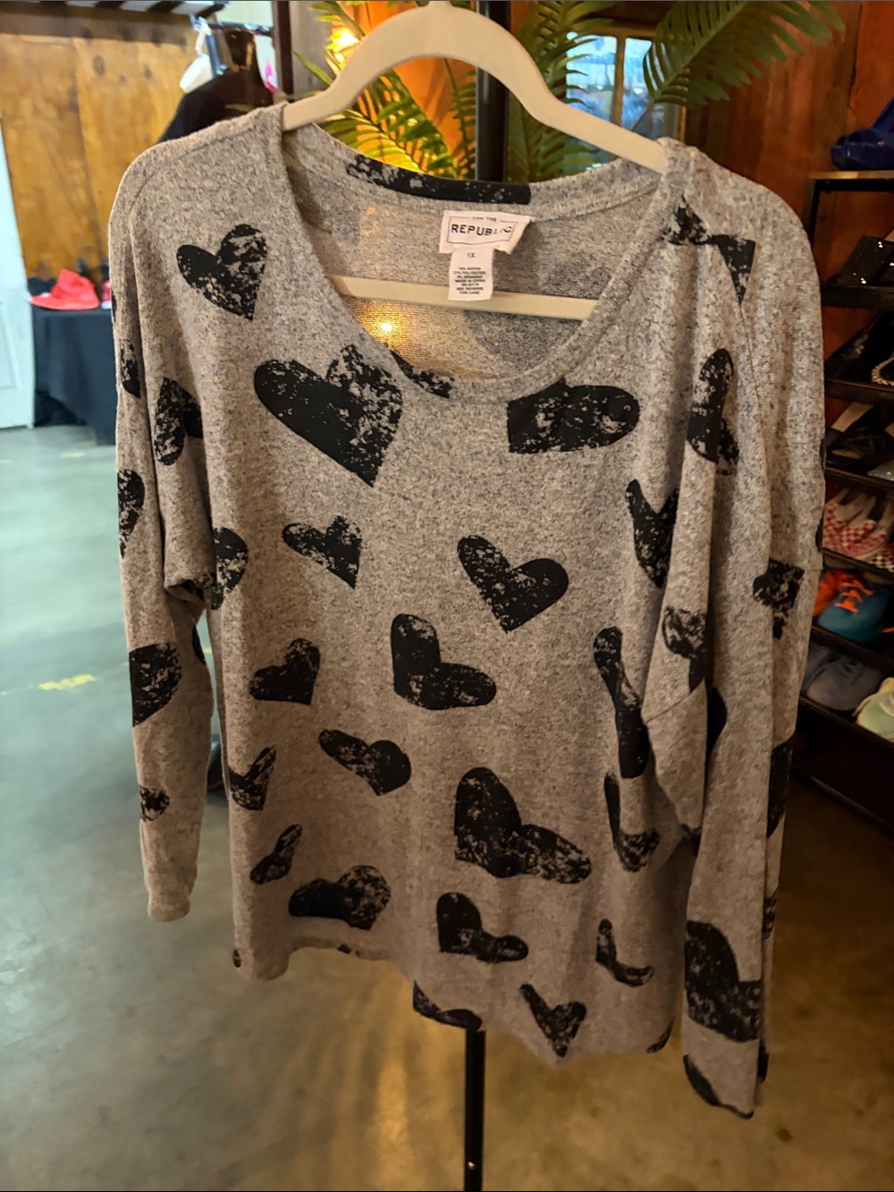 For The Republic Gray Scoop-Neck Sweater with Black Heart Print